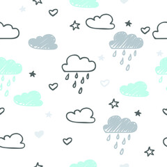 Hand-drawn seamless pattern with cute clouds, raindrops on a white background.