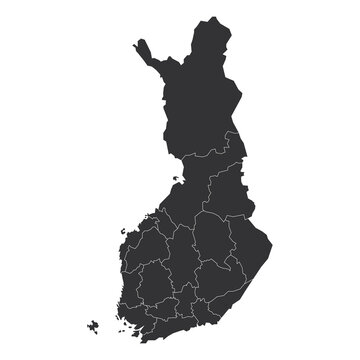 Grey political map of Finland. Administrative divisions - regions. Simple flat blank vector map.