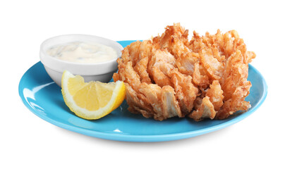 Plate with fried blooming onion and sauce isolated on white