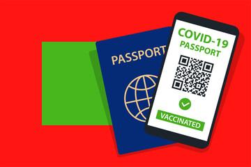 Covid-19 Passport on Maldives Flag Background. Vaccinated. QR Code. Smartphone. Immune Health Cerificate. Vaccination Document. Vector