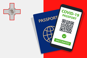 Covid-19 Passport on Malta Flag Background. Vaccinated. QR Code. Smartphone. Immune Health Cerificate. Vaccination Document. Vector