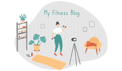 Fitness blogger. Young woman records video. Sportswoman shows exercises on blog. Internet star is broadcasting live for her followers. Vector flat illustration in cartoon style