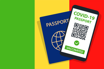 Covid-19 Passport on Mali Flag Background. Vaccinated. QR Code. Smartphone. Immune Health Cerificate. Vaccination Document. Vector