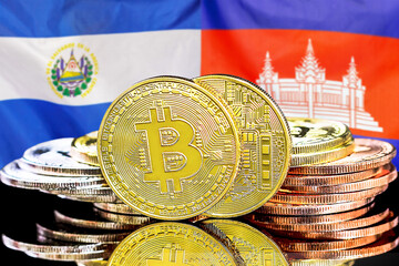 Concept for investors in cryptocurrency and Blockchain technology in El Salvador and Cambodia. Bitcoins on the background of the flag El Salvador and Cambodia