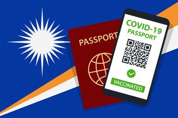 Covid-19 Passport on Marshall Islands Flag Background. Vaccinated. QR Code. Smartphone. Immune Health Cerificate. Vaccination Document. Vector