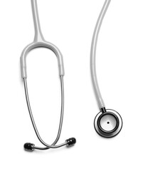 Modern stethoscope on white background, top view