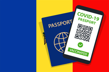 Covid-19 Passport on Moldova Flag Background. Vaccinated. QR Code. Smartphone. Immune Health Cerificate. Vaccination Document. Vector