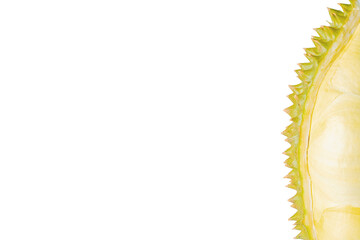 Durian mon thong is king of fruits durian on white background. Pulp of fresh Durian yellow color on dish.