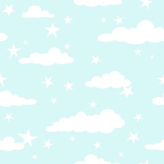Seamless cartoon background with white clouds and shabby stars on turquoise sky.