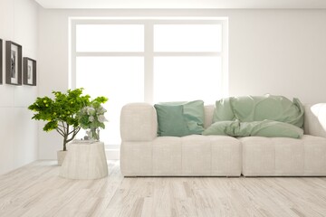 Fototapeta premium Soft color living room with sofa. Scandinavian interior design. 3D illustration