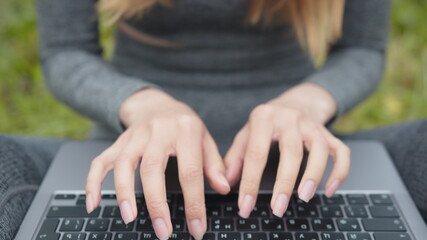 Hands Typing On Laptop Keyboard.Freelancer Internet Online Meeting Webinar.Woman Freelance With Computer Outdoors.Study Online Work Typing Email.Businesswoman Remote Working In Internet Distance Job.