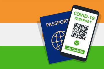 Covid-19 Passport on Niger Flag Background. Vaccinated. QR Code. Smartphone. Immune Health Cerificate. Vaccination Document. Vector