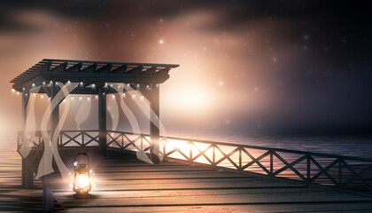 Dark night fantasy seascape, wooden bridge, pier on the shore, wooden gazebo with night lights on the shore. Neon pink sunset. Pink clouds. Romantic atmosphere. 3D illustration. 