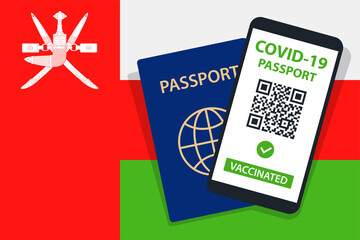 Covid-19 Passport on Oman Flag Background. Vaccinated. QR Code. Smartphone. Immune Health Cerificate. Vaccination Document. Vector