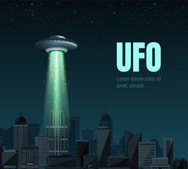 UFO spaceship with a light beam flying over the city. UFO day Vector illustration