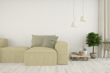 Soft color living room with sofa. Scandinavian interior design. 3D illustration