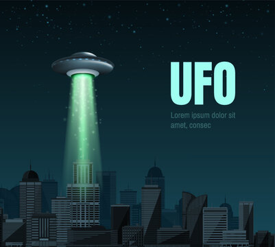 UFO spaceship with a light beam flying over the city. UFO day Vector illustration