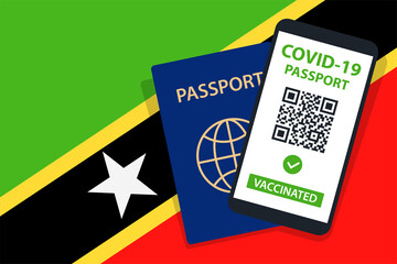 Covid-19 Passport on Saint Kitts and Nevis Flag Background. Vaccinated. QR Code. Smartphone. Immune Health Cerificate. Vaccination Document. Vector