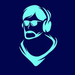 Music man gamer line pop art potrait logo colorful design with dark background. Abstract vector illustration