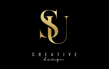 Golden Su s u letter design logo logotype concept with serif font and elegant style. Vector illustration icon with letters S and U. - obrazy, fototapety, plakaty