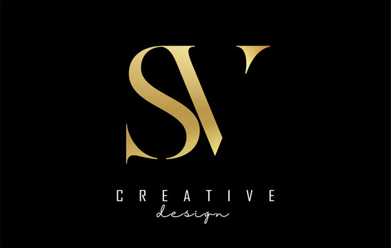 Golden SV s v letter design logo logotype concept with serif font and elegant style. Vector illustration icon with letters S and V.