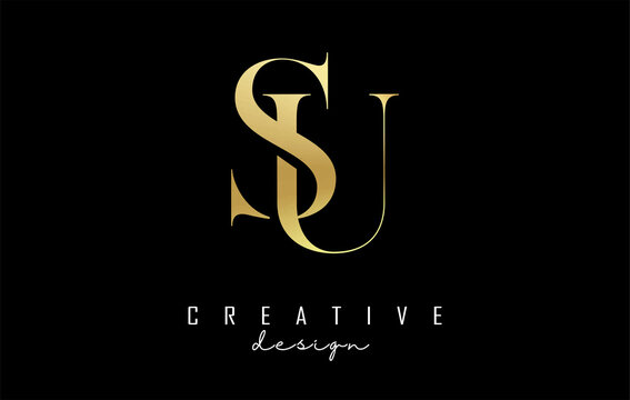 Golden Su s u letter design logo logotype concept with serif font and elegant style. Vector illustration icon with letters S and U.