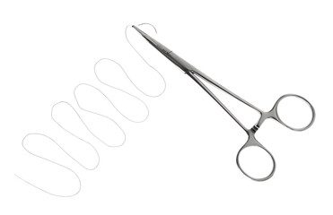 Forceps with suture thread on white background, top view. Medical equipment