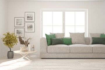 Soft color living room with sofa. Scandinavian interior design. 3D illustration