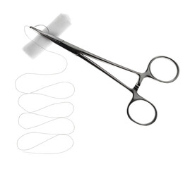 Forceps with suture thread and bandage roll on white background, top view. Medical equipment