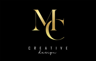 Golden MC m c letter design logo logotype concept with serif font and elegant style. Vector illustration icon with letters M and C. - obrazy, fototapety, plakaty