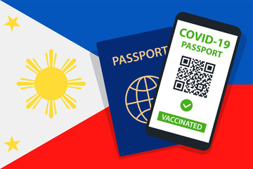 Covid-19 Passport on Philippines Flag Background. Vaccinated. QR Code. Smartphone. Immune Health Cerificate. Vaccination Document. Vector