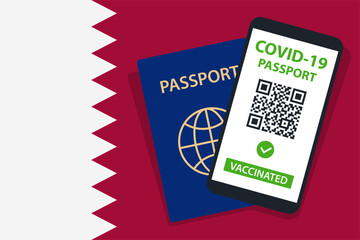 Covid-19 Passport on Qatar Flag Background. Vaccinated. QR Code. Smartphone. Immune Health Cerificate. Vaccination Document. Vector