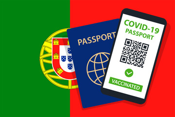 Covid-19 Passport on Portugal Flag Background. Vaccinated. QR Code. Smartphone. Immune Health Cerificate. Vaccination Document. Vector