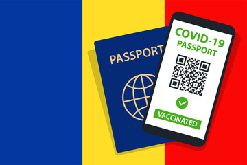 Covid-19 Passport on Romania Flag Background. Vaccinated. QR Code. Smartphone. Immune Health Cerificate. Vaccination Document. Vector