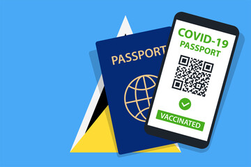 Covid-19 Passport on Saint Lucia Flag Background. Vaccinated. QR Code. Smartphone. Immune Health Cerificate. Vaccination Document. Vector