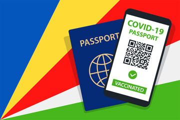 Covid-19 Passport on Seychelles Flag Background. Vaccinated. QR Code. Smartphone. Immune Health Cerificate. Vaccination Document. Vector