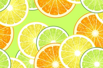 Obraz premium Seamless fruit pattern. Handmade illustration. Oranges. Citrus slice. Fruit. Juice. Vitamin. Summer background for advertising. Tropical template for design. Artistic backdrop for business. Fresh.
