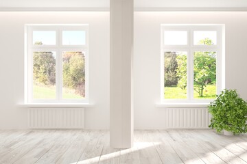 Obraz na płótnie Canvas White empty room with summer and autumn landscape in window. Scandinavian interior design. 3D illustration