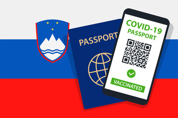 Covid-19 Passport on Slovenia Flag Background. Vaccinated. QR Code. Smartphone. Immune Health Cerificate. Vaccination Document. Vector