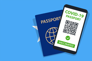 Covid-19 Passport on Somalia Flag Background. Vaccinated. QR Code. Smartphone. Immune Health Cerificate. Vaccination Document. Vector