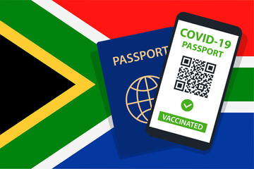 Covid-19 Passport on South Africa Flag Background. Vaccinated. QR Code. Smartphone. Immune Health Cerificate. Vaccination Document. Vector
