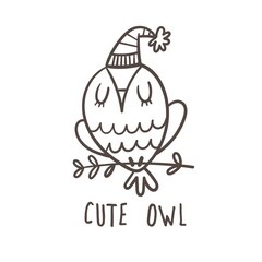 Cute doodle owl emblem. Funny vector character. Line art animal print. Cartoon bird poster.
