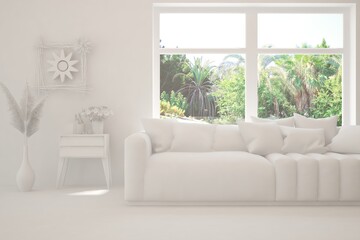 Mock up of stylish room in white color with sofa and green landscape in window. Scandinavian interior design. 3D illustration