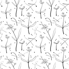 Microgreen sketch vector illustration. Green for home gardening. Seamless pattern with dill and onion sprouts background