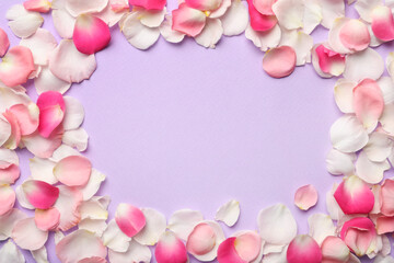 Frame of beautiful petals on lilac background, flat lay. Space for text
