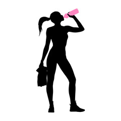 Athletic woman holding a water bottle and drinking after sport. Vector silhouette illustration on white background