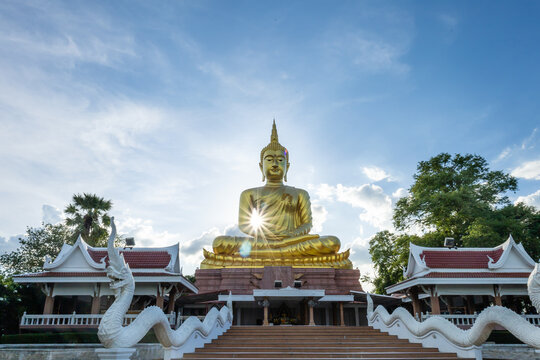 Ubon Ratchathani, Thailand - 30, 2021 May: Beautiful big buddha on beautiful sky background, Ubon Ratchathani Province, Thailand.