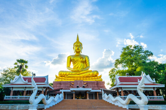 Ubon Ratchathani, Thailand - 30, 2021 May: Beautiful big buddha on beautiful sky background, Ubon Ratchathani Province, Thailand.