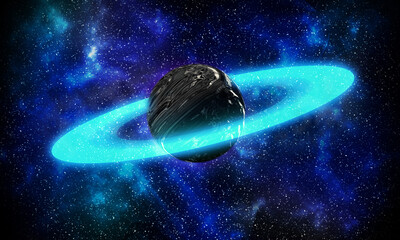 Fototapeta na wymiar illustration of the neon lighting planet in galaxy, in universe, in cosmos, cosmic fog and stars, fantasy sci-fi space, afterlife, galaxies metal planet texture, wallpaper, background