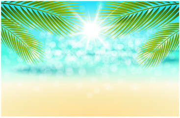 Fototapeta na wymiar tropical beach background with sparkling bokeh lights, sunshine and palm trees
